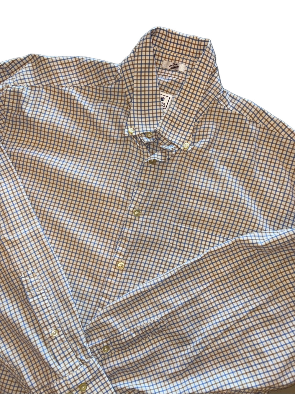 Peter Millar Mens Large Tan and Blue Long Sleeve Button Down Shirt